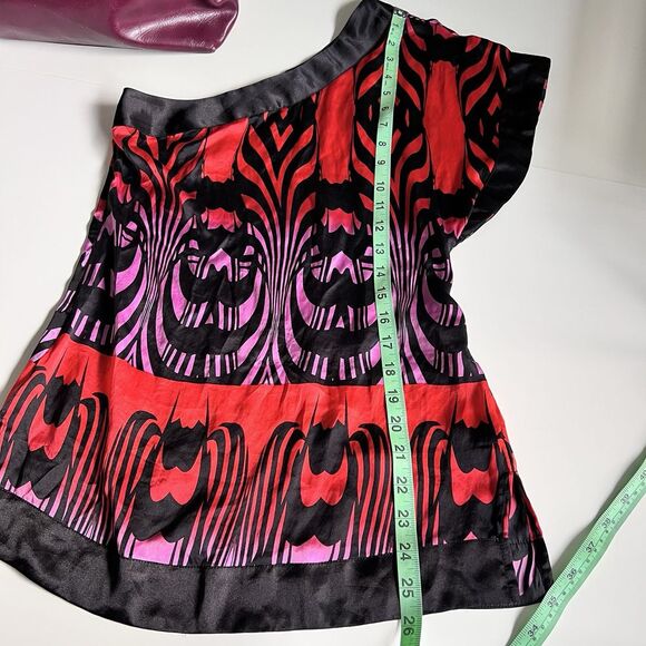 Bebe Y2K Asymmetrical Silk Blouse Size XXS One Shoulder Sexy Grunge Red Black - Picture 7 of 9